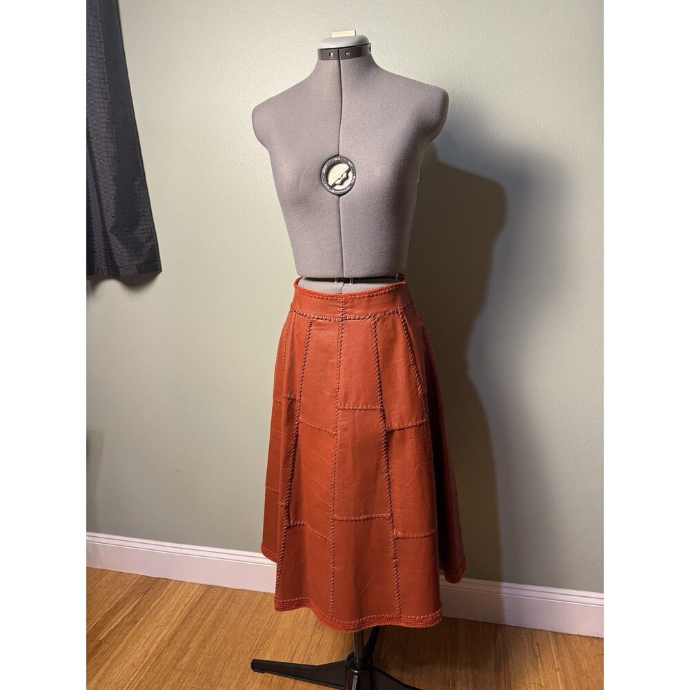 Vintage 1970s Leather Paneled Patchwork Midi Skirt Women's Size 6 Boho Hippie